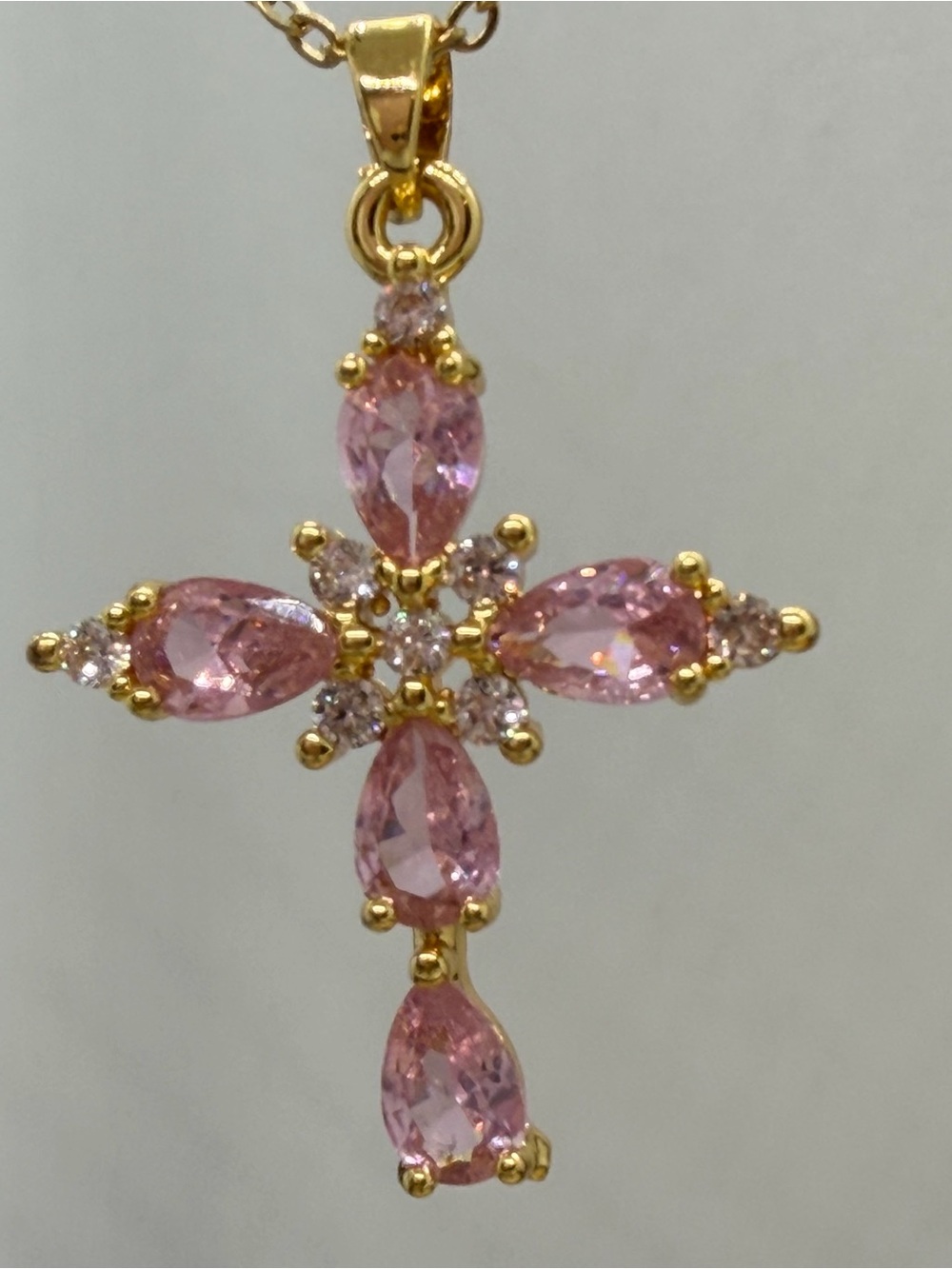 Gold Cross Pendant Necklace with Pink Stones